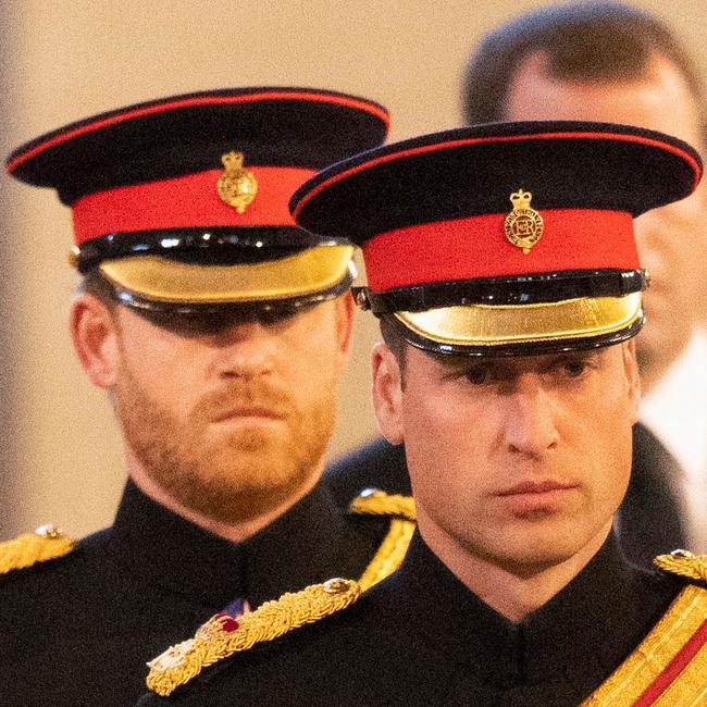 Prince Harry, left, and Prince William arrive to mount a vigil around the coffin of Queen Elizabeth II in Westminster Hall in London on Sunday. Picture: AFP