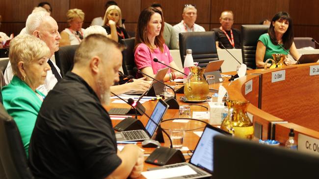 Cairns Regional Council councillors Brett Olds, Rhonda Coghlan, Max O'Halloran, Kristy Vallely (obscured), Amy Eden and Cathy Zeiger at the ordinary council meeting to vote for a new Cairns mayor after Bob Manning stood down from the position. Picture: Samuel Davis