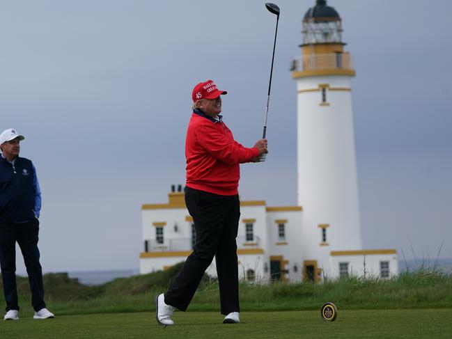 Former US president Donald Trump playing golf at his Trump Turnberry course in South Ayrshire during his visit to the UK. Picture date: Wednesday May 3, 2023. (Photo by Andrew Milligan/PA Images via Getty Images)