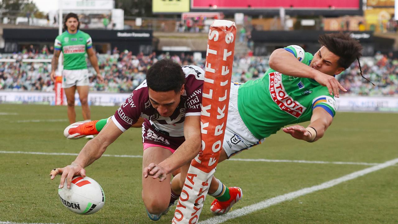 Lehi Hopoate excelled on the wing last year but is Manly’s long-term option at fullback. Picture: Mark Nolan/Getty Images