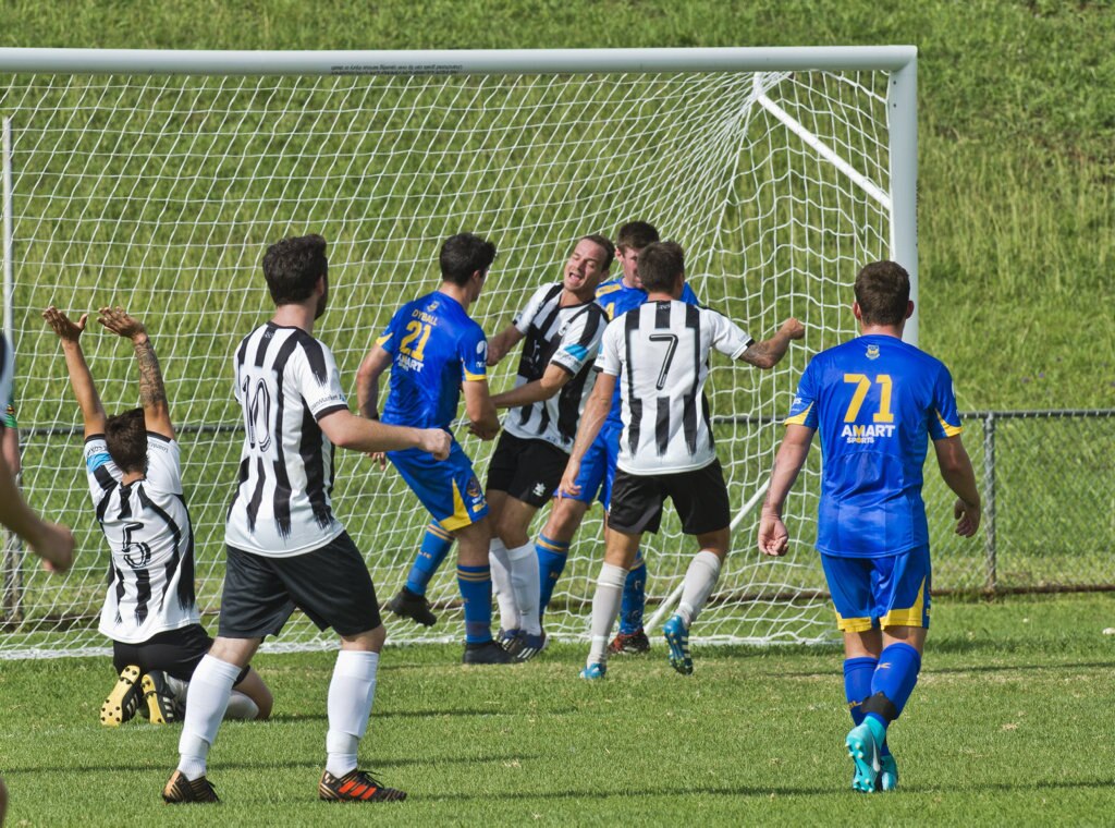 Willowburn celebrate a goal. Football, Willowburn vs USQ. Sunday, 4th Mar, 2018. Picture: Nev Madsen