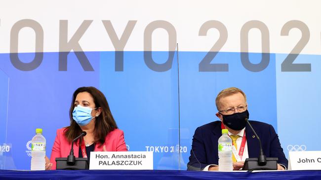 Queensland Premier Annastacia Palaszczuk with John Coates speak at a press conference at the MPC at the Tokyo 2020 Olympics after she successfully bid to hold the 2032 Olympics in Brisbane. Pics