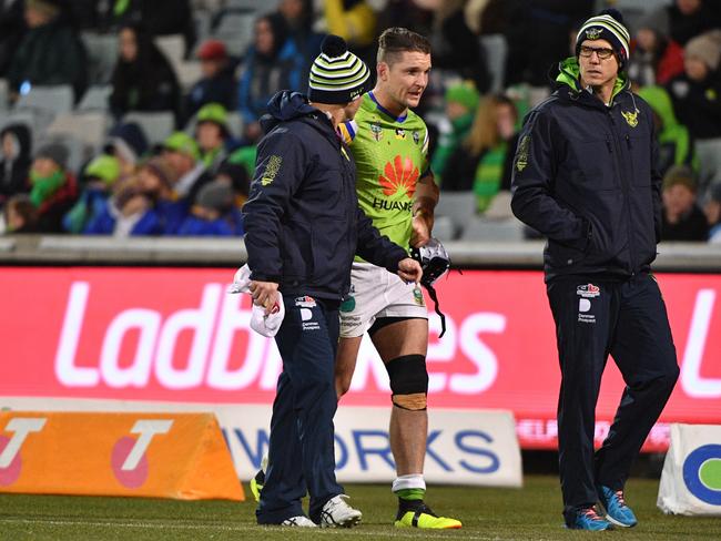 Raiders Jarrod Croker comes off the field injured during the Round 18 NRL match between the Canberra Raiders and the North Queensland Cowboys. Picture: AAP Image