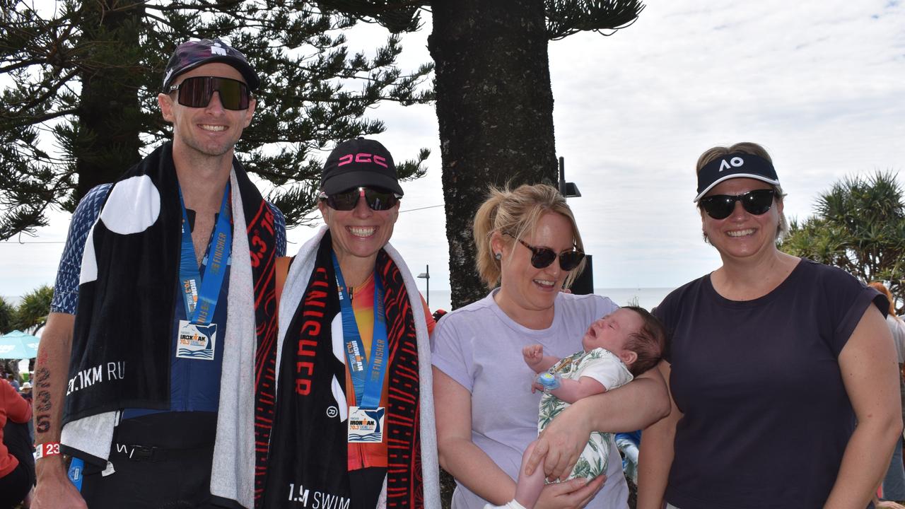 Lauren Keith, Dave Hughes, Emma Becker, Caz Willis and Arlo Becker at the Sunshine Coast Ironman 70.3 at Mooloolaba 2022.