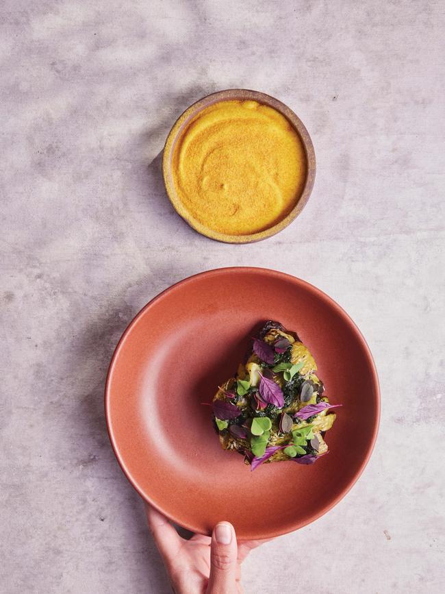 Beef cheek with corn, pampa yuyo and smoked caiguas at Mauka restaurant in Cusco. Picture: Gustavo Vivanco León.