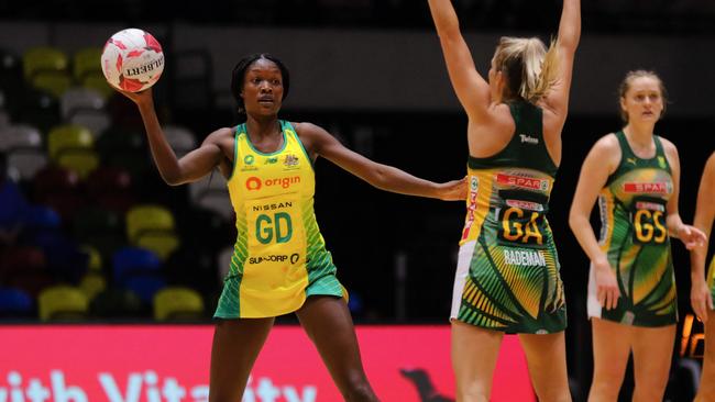 Sunday Aryang makes her debut for the Australian Diamonds against South Africa in the Quad Series in London. Photo: Ben Lumley/ England Netball