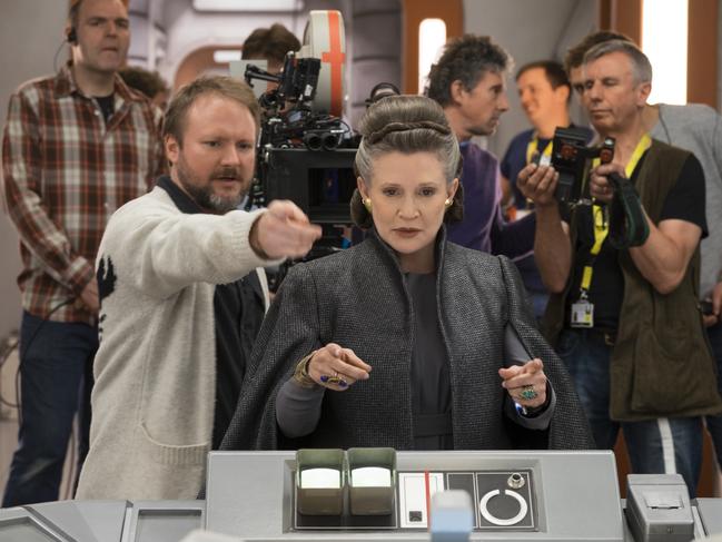 Star Wars: The Last Jedi director Rian Johnson with Carrie Fisher. Picture: Supplied