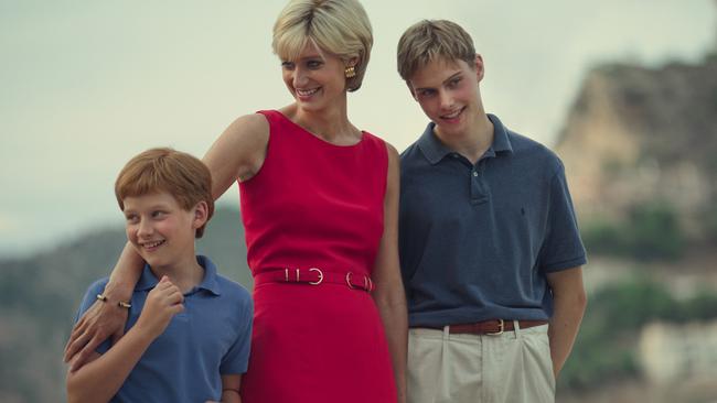 Fflyn Edwards as Prince Harry and Rufus Kampa as Prince William with Elizabeth Debicki in the final season of The Crown. Picture: Netflix