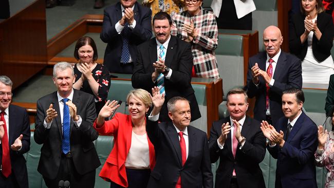 Deputy Leader of the Opposition Tanya Plibersek and Leader of the Opposition Bill Shorten give a wave after delivering the 2019-20 Federal Budget Reply speech. Picture: AAP/Mick Tsikas