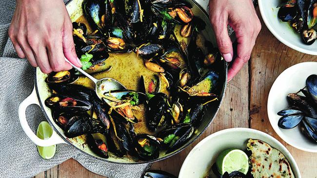 Mussels in chilli, ginger and curry leaf broth. Picture: Lisa Linder