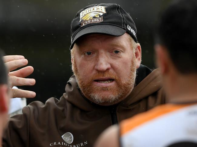 Craigieburn coach Lance Whitnall during the EDFLfootball match between Tullamarine and Craigieburn in Tullamarine, Saturday, June 29, 2019. Picture: Andy Brownbill