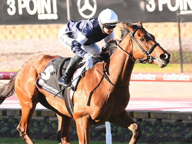 Point King (IRE) ridden by Jamie Kah wins the Ranvet Travis Harrison Cup at Moonee Valley Racecourse on August 10, 2024 in Moonee Ponds, Australia. (Photo by Brett Holburt/Racing Photos via Getty Images)