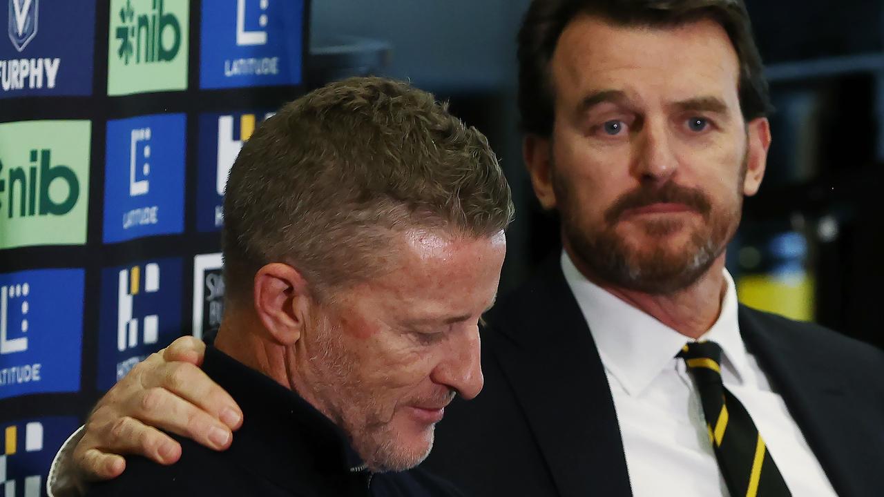 Brendon Gale (right) with Damien Hardwick as he announces his departure as Richmond coach. Picture: Michael Klein
