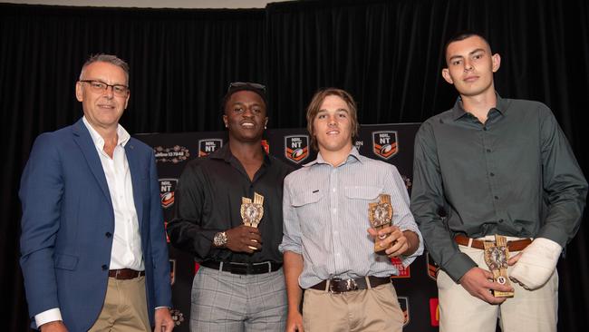 Phillip Coleman, Dylan Mugadza, Ned Bush and Mitchell Manktelow at the 2023 NRL NT Frank Johnson / Gaynor Maggs medal night. Picture: Pema Tamang Pakhrin