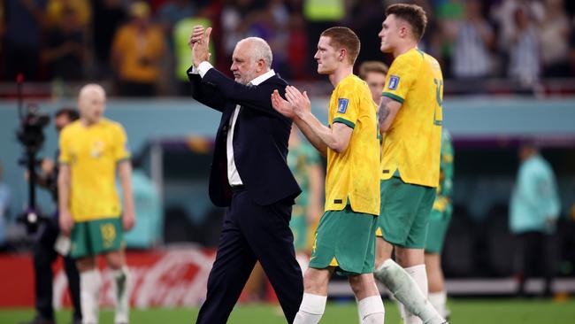 Graham Arnold thanking Socceroos fans after the match. Picture: Getty Images