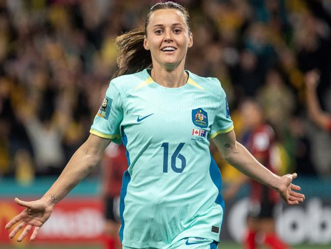 MELBOURNE, AUSTRALIA - JULY 31: Hayley Raso of Australia celebrates her 2nd goal during the FIFA Women's World Cup Australia & New Zealand 2023 Group B match between Canada and Australia at Melbourne Rectangular Stadium on July 31, 2023 in Melbourne, Australia. (Photo by Will Murray/Getty Images)