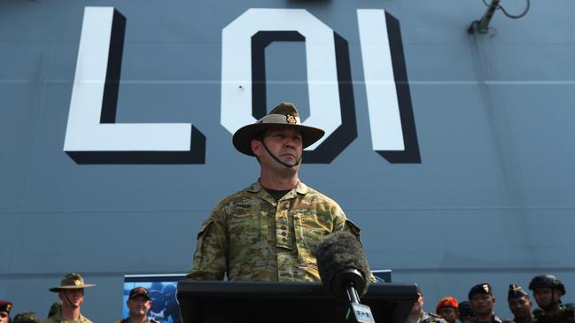 Commander Land Forces, Colonel Judd Finger aboard the HMAS Adelaide in Darwin ahead of Exercise Keris Woomera on November 3. Picture: Zizi Averill