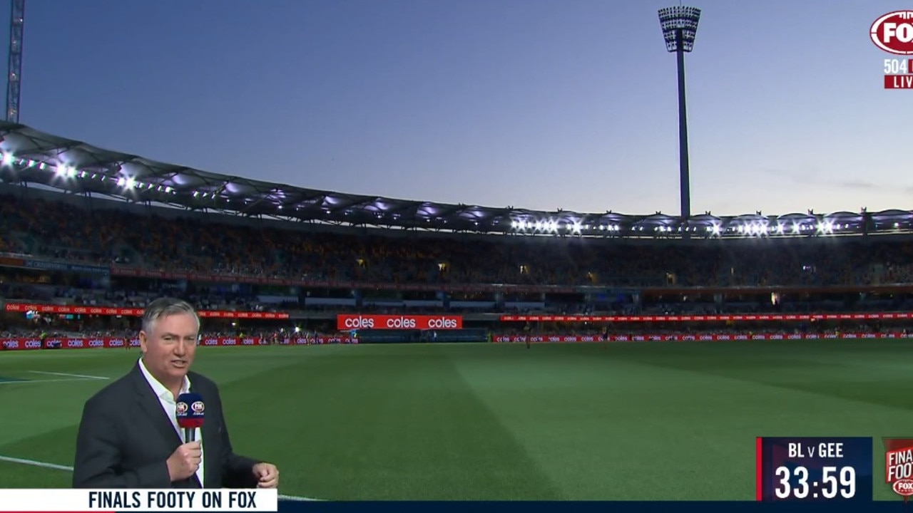 The Gabba lights were turned off in the build up to the preliminary final.