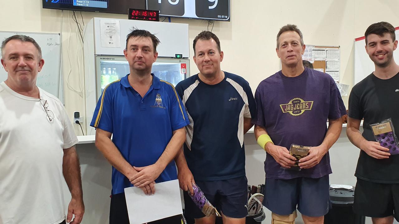 Squash - A Grade consolation (socks) Rob Chapman, Mark Wilcox, Craig Whittaker, Dennis Maher and Patrick Bailey.