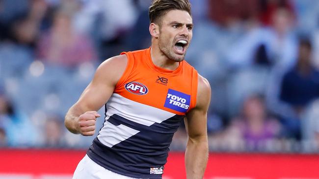 GWS gun Stephen Coniglio celebrates a goal.