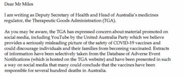 Letter sent from the TGA to Youtube on UAP posts.