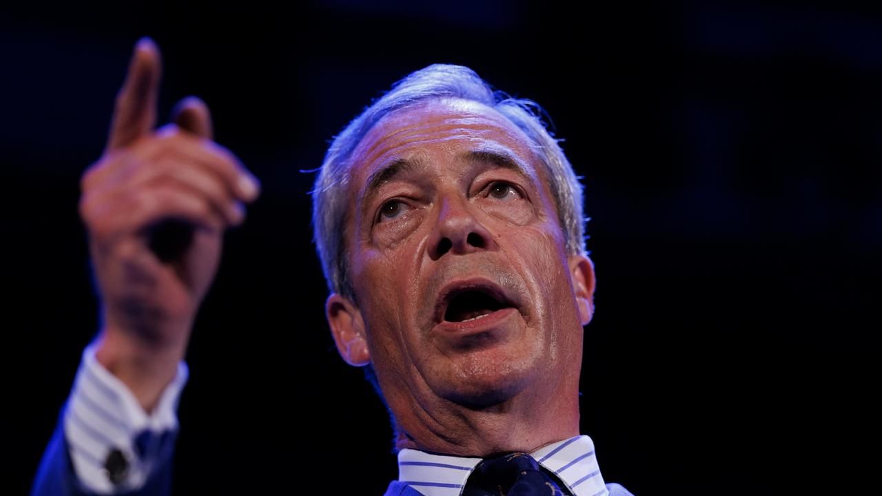 Reform Party leader Nigel Farage speaks to an audience on stage at Princes Theatre on June 18, 2024 in Clacton-on-Sea, England. (Photo by Dan Kitwood/Getty Images)