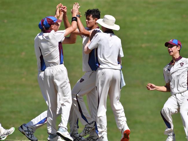 John Paul College players celebrate a wicket.TAS First XI cricket grand final between West Moreton College and John Paul College.Saturday March 27, 2021. Picture, John Gass