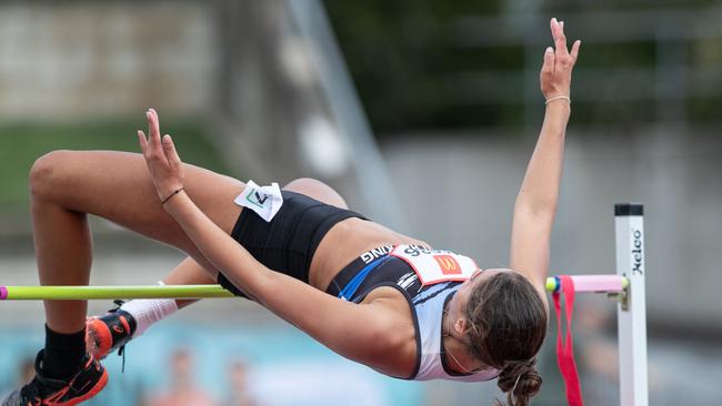 Izobelle Louison-Roe sets a new State Record of 1.85m in the high jump/ Picture: Julian Andrews