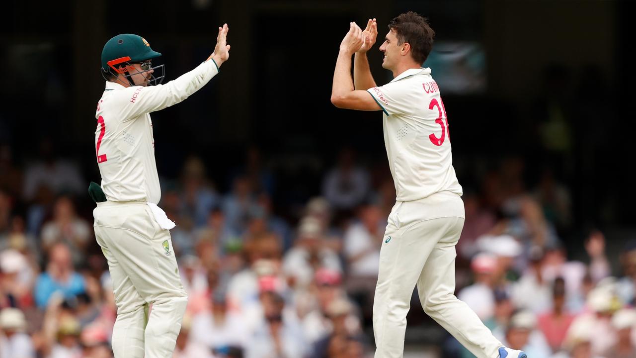 Pat Cummins celebrates the wicket of Sajid Khan. Picture: Getty