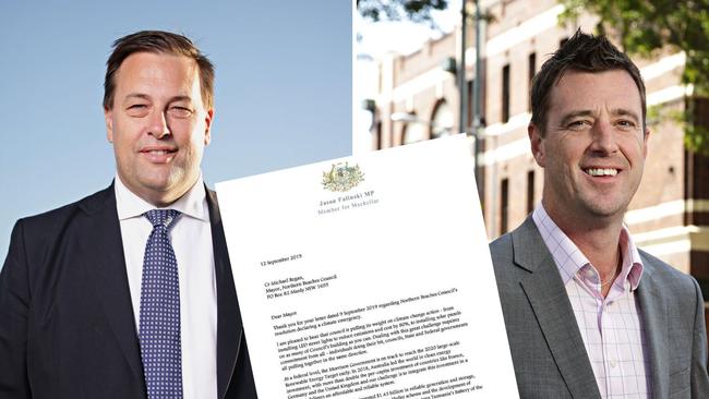 Jason Falinski (left), Michael Regan and inset the letter sent to the mayor