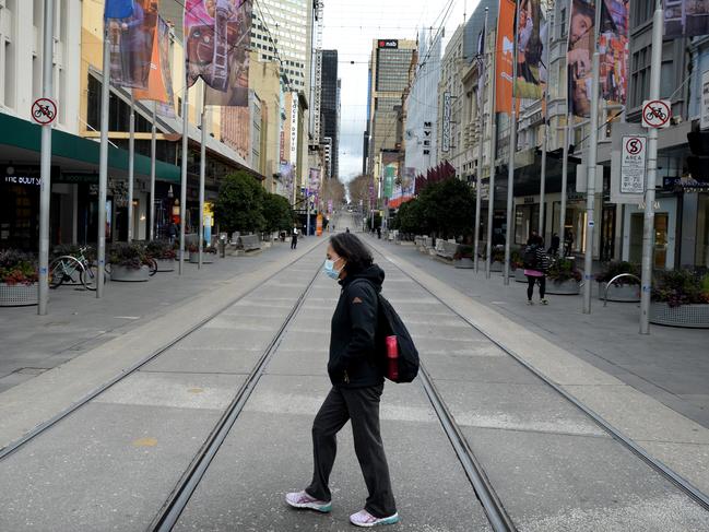 MELBOURNE, AUSTRALIA - NewsWire Photos JULY 21: The Bourke Street Mall is almost empty as stage-3 restrictions force people to stay at home. Picture: NCA NewsWire / Andrew Henshaw