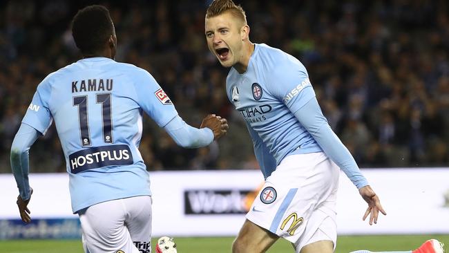 MELBOURNE, AUSTRALIA — OCTOBER 14: Marcin Budzinski of the City celebrates after scoring a goal during the round two A-League match between Melbourne Victory and Melbourne City FC at Etihad Stadium on October 14, 2017 in Melbourne, Australia. (Photo by Robert Cianflone/Getty Images)