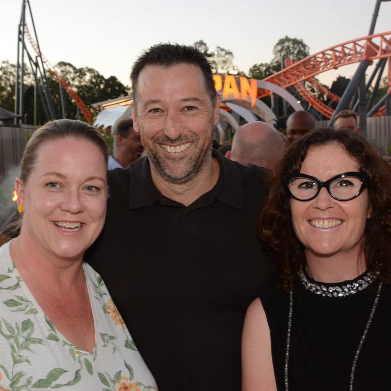 Kristi and Kieron Mulcahy with Kelly Abernethy at opening of Steel Taipan ride, Dreamworld. Picture: Regina King