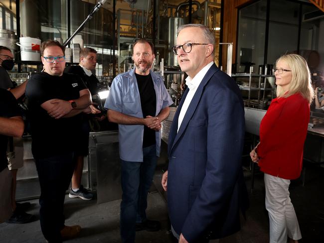 Labor leader Anthony Albanese visits flood affected Newstead Brewing Co in Brisbane. Picture: Toby Zerna