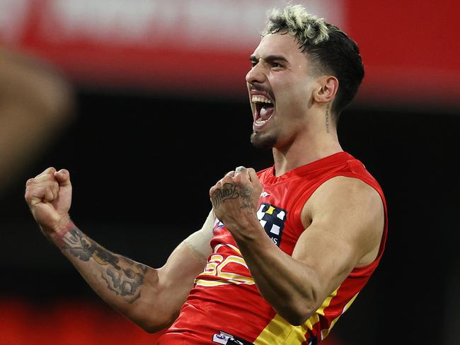 AFL Round 11. Gold Coast Suns vs Essendon at Metricon Stadium, Gold Coast.12/08/2020.  Izak Rankine of the Suns celebrates his goal in the second quarter  . Pic: Michael Klein