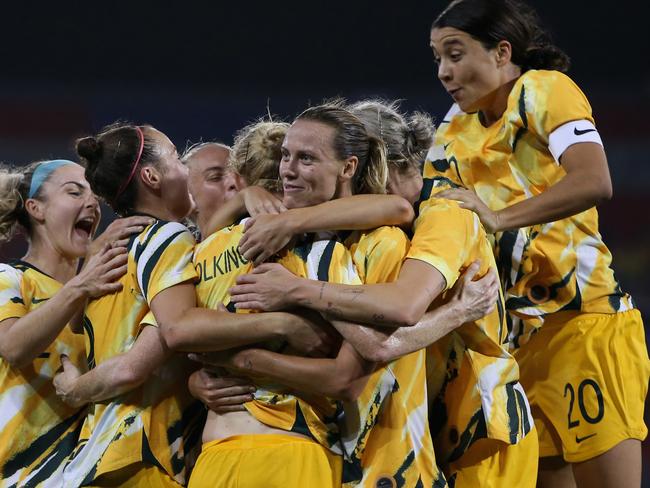 *APAC Sports Pictures of the Week - 2020, March 9* NEWCASTLE, AUSTRALIA - MARCH 06: Clare Polkinghorne of the Australian Matildas celebrates her goal with team mates during the Women's Olympic Football Tournament Play-Off match between the Australian Matildas and Vietnam at McDonald Jones Stadium on March 06, 2020 in Newcastle, Australia. (Photo by Ashley Feder/Getty Images)