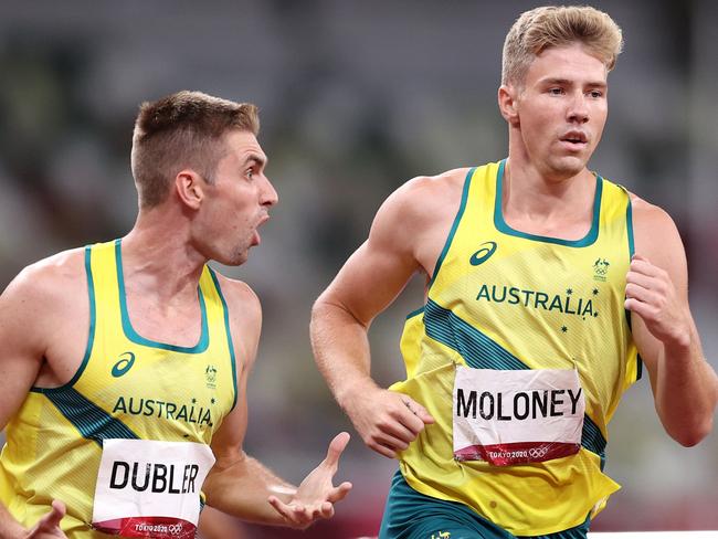 TOKYO, JAPAN - AUGUST 05:  Cedric Dubler and Ashley Moloney of Team Australia compete in the Men's Decathlon 1500m on day thirteen of the Tokyo 2020 Olympic Games at Olympic Stadium on August 05, 2021 in Tokyo, Japan. (Photo by Patrick Smith/Getty Images)