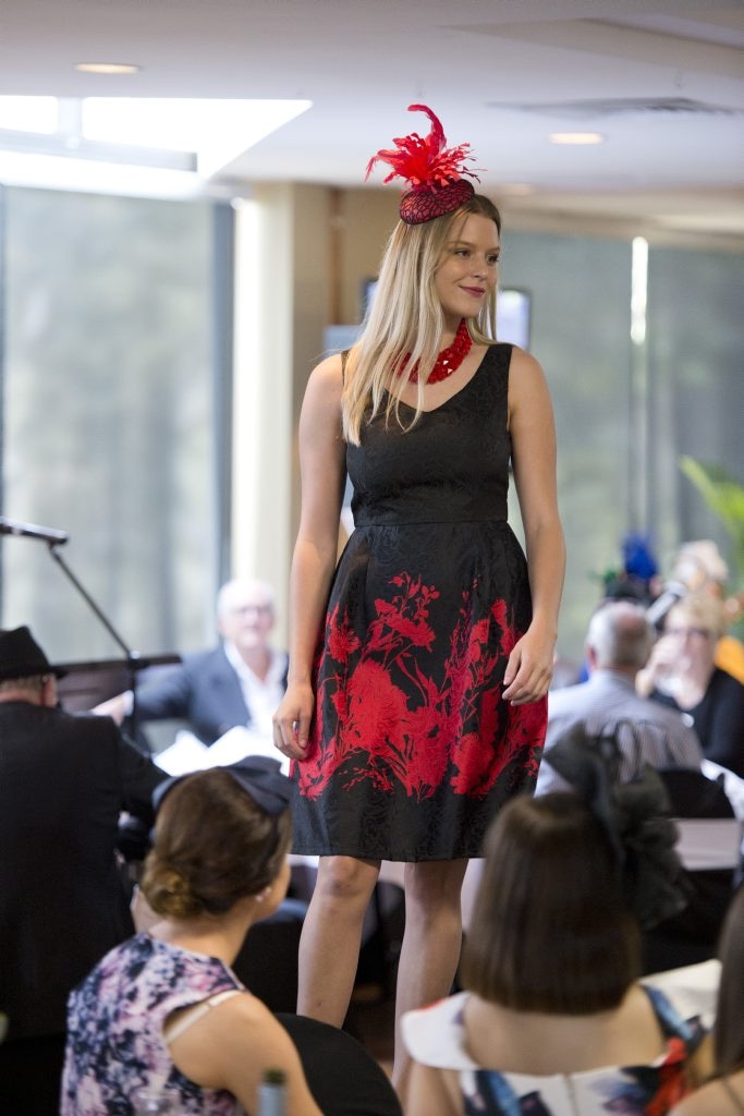 Emma Florance models at the Rotary Club of Toowoomba City Melbourne Cup luncheon at Picnic Point, Tuesday. Picture: Kevin Farmer