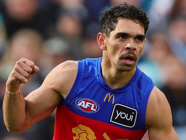 ADELAIDE, AUSTRALIA - JUNE 22: Charlie Cameron of the Lions celebrates a goal during the 2024 AFL Round 15 match between the Port Adelaide Power and the Brisbane Lions at Adelaide Oval on June 22, 2024 in Adelaide, Australia. (Photo by Sarah Reed/AFL Photos via Getty Images)