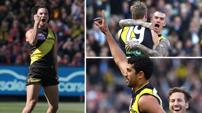 Daniel Rioli, Dustin Martin and Marlion Pickett all celebrate goals.