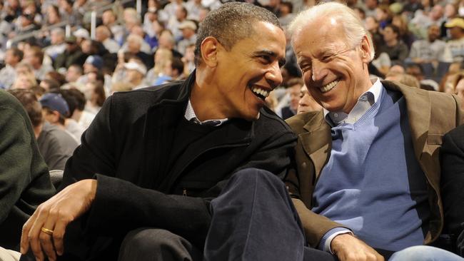 Then US President Barack Obama and Vice President Joe Biden at a college basketball game in 2010. Biden called Obama “Barack America”. Picture: Mitchell Layton/Getty Images/AFP