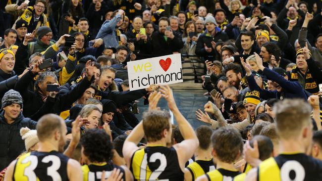 Tigers fans celebrates the qualifying final win. Picture: Getty Images