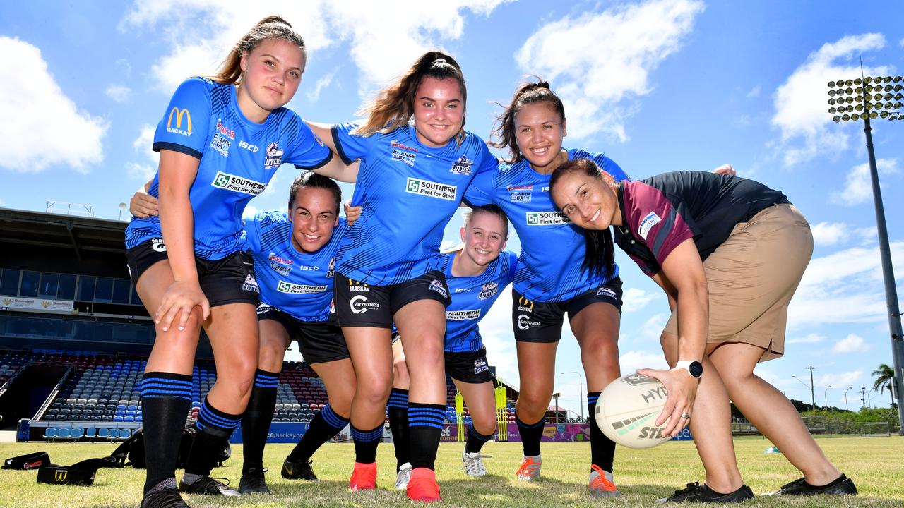 Mackay Cutters Women's Academy players Zoey Bradford, Pani Rupapere, Lucy Bradford, Emma Manzelmann, Sade Rihari and the director of the Women's Academy Sam Bliss.