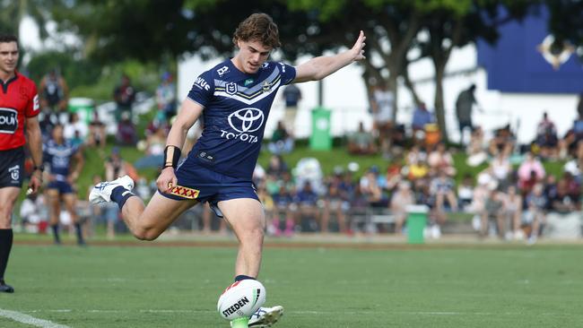 Cowboys' Tom Duffy kicks a conversion in the NRL pre season match between the North Queensland Cowboys and the Redcliffe Dolphins at Barlow Park Picture: Brendan Radke