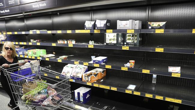 Shelves stripped almost bare at Aldi’s store in North Strathfield in Sydney. Picture: Dylan Robinson