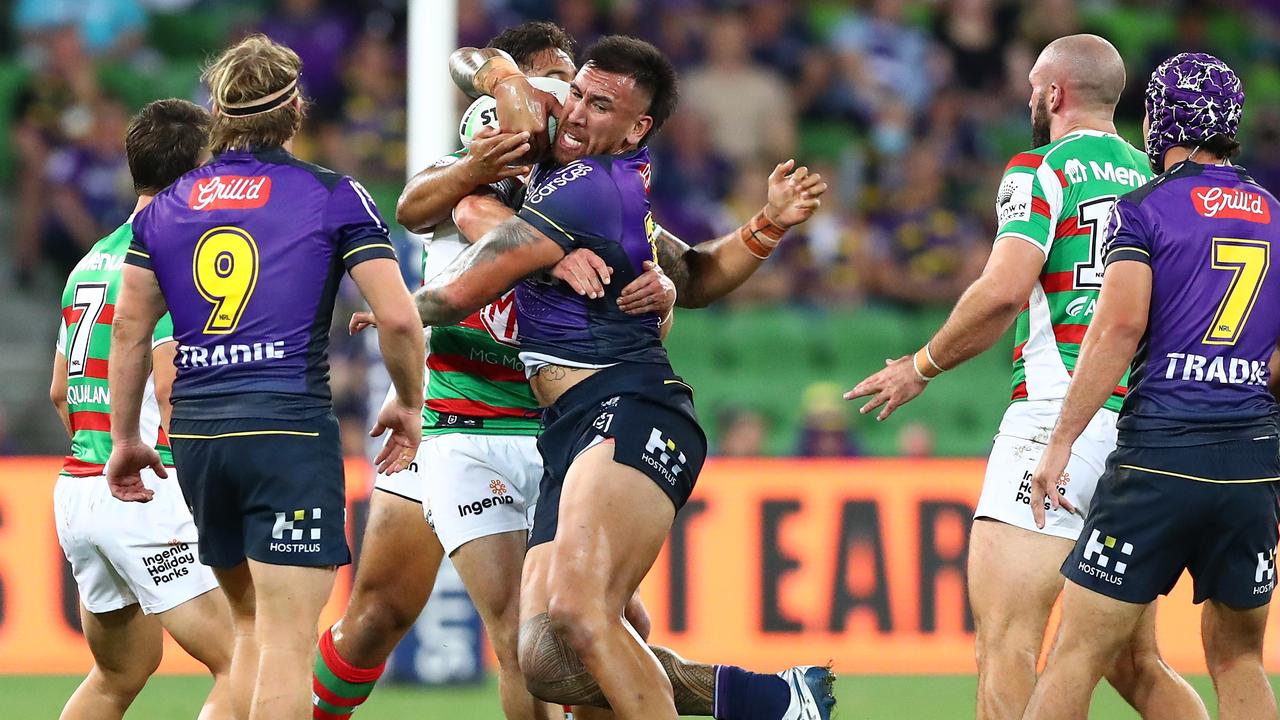 Nelson Asofa-Solomona charges into the Rabbitohs’ defence. Picture: Kelly Defina/Getty Images