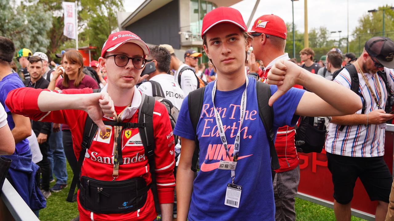 Spectators show their displeasure at last year’s Australian Grand Prix, after it was cancelled last-minute. Picture: Scott Barbour