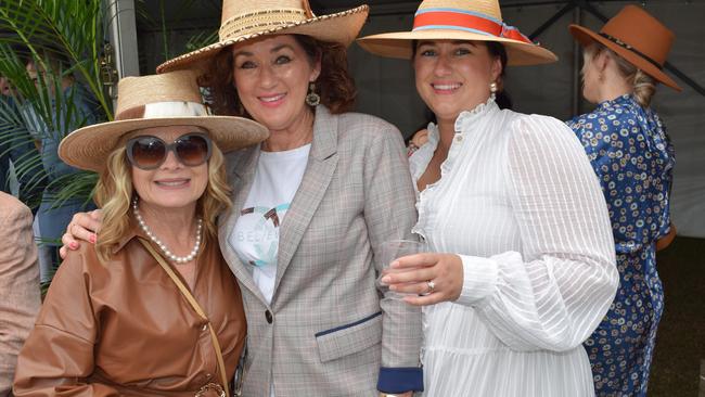 Susan Lowe, Madonna Boodle and Aleisha Murphy at the Rockhampton Jaguar Land Rover Pop-Up Polo on June 3, 2023. Picture: Aden Stokes