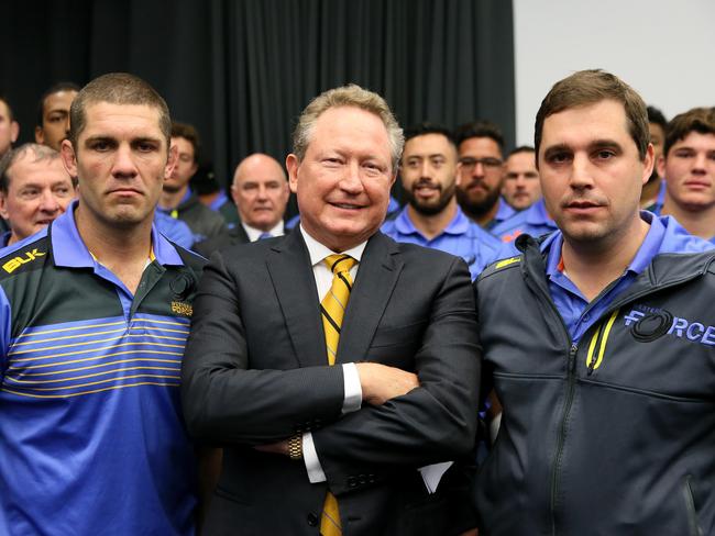 Former Force captain Matt Hodgson with Andrew Forrest and coach David Wessels. Picture: Colin Murty