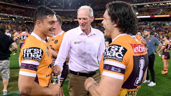 Coach Wayne Bennett (centre) is a big fan of Kotoni Staggs.